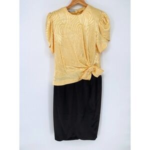 VTG 80s A.J. Bari Yellow Abstract Bow Shoulder Pad Modest Cocktail Dress Sz 10